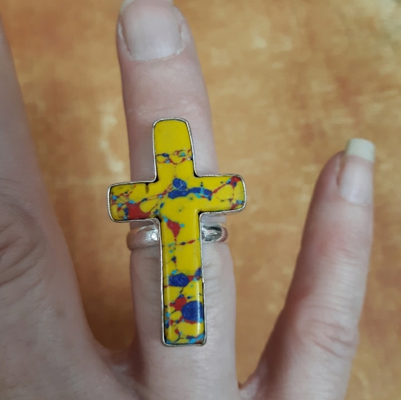 New Mosaic Balloon Jasper 925 Silver Cross Ring. - Picture 3 of 8